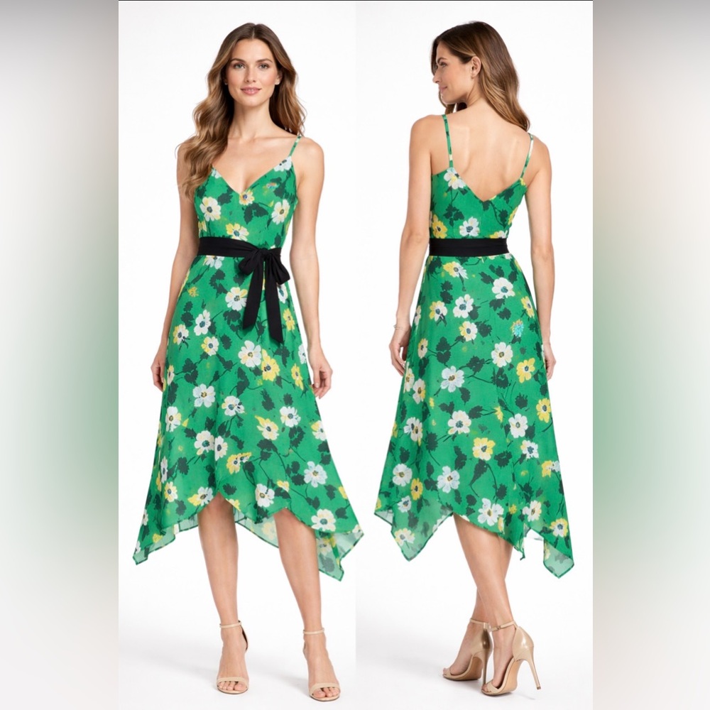 Banana Republic Midi Dress 10 Green Black Yellow Floral Flowy NWT Washable $109